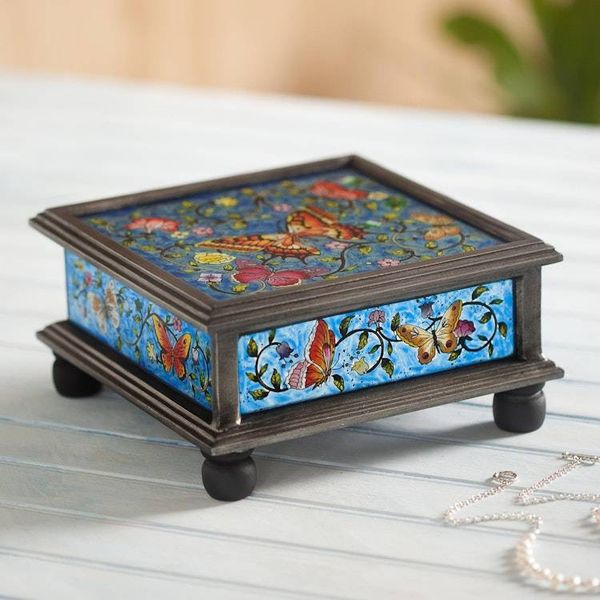 Alternate image for Reverse Painted Glass Blue Decorative Box with Butterflies Blue Winter Butterflies