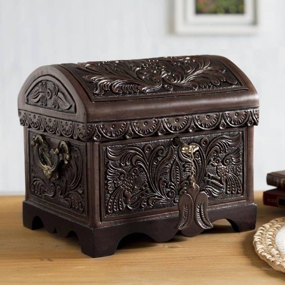Cedar and Leather Floral Bird Decorative Box from Peru 'Andean Flight'
