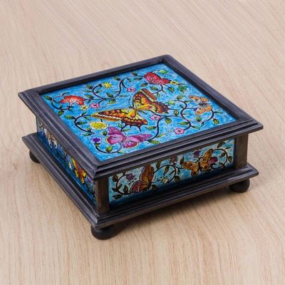 Alternate image for Reverse Painted Glass Blue Decorative Box with Butterflies Blue Winter Butterflies