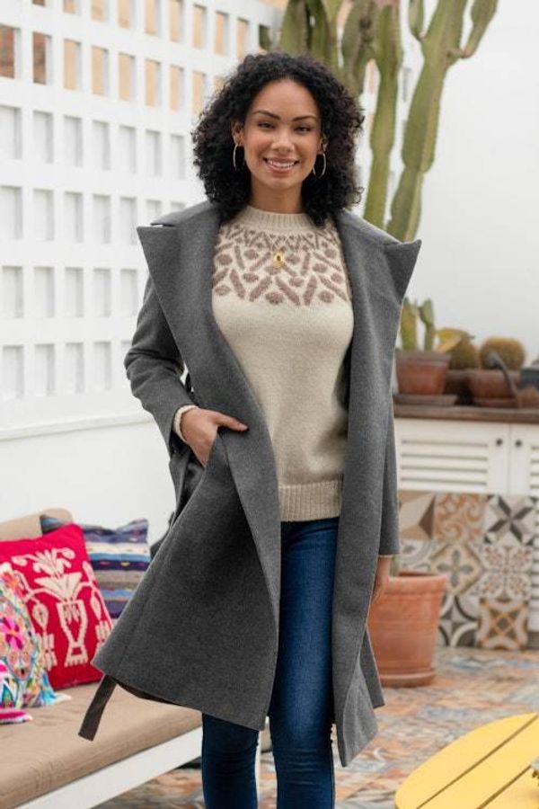 Alternate image for Grey Baby Alpaca Blend Long Wrap Coat Classically Chic