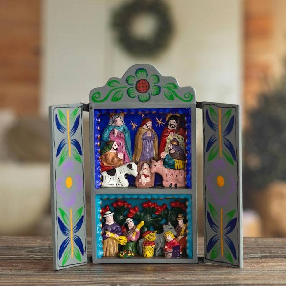 Christmas Nativity Retablo Folk Art Handmade in Peru 'Blue Christmas'
