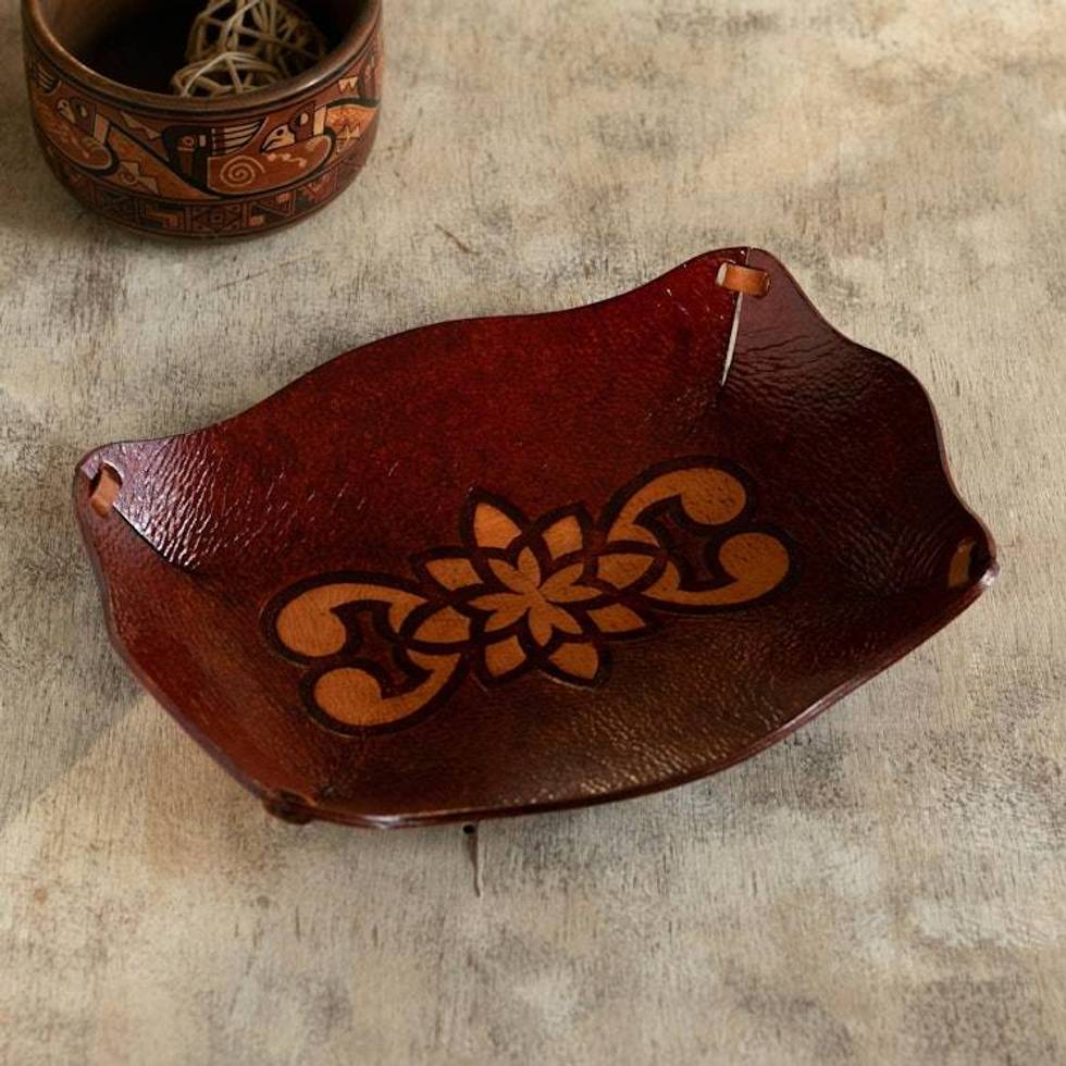 Tooled Leather Rectangular Brown Catchall Plate from Peru 'Redwood Gothic'