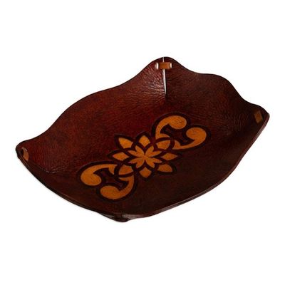Alternate image for Tooled Leather Rectangular Brown Catchall Plate from Peru Redwood Gothic