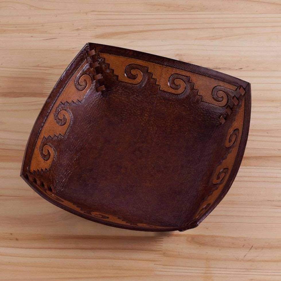 Handcrafted Tooled Leather Inca Wave Motif Catchall 'Inca Seacoast'