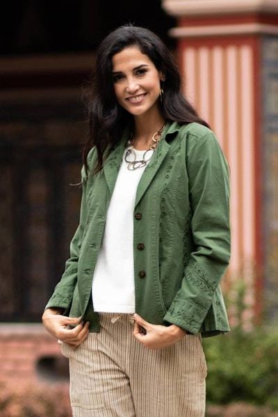 Primary image for Embroidered Laurel Green Cotton Blazer Jacket from Peru Andean Fields