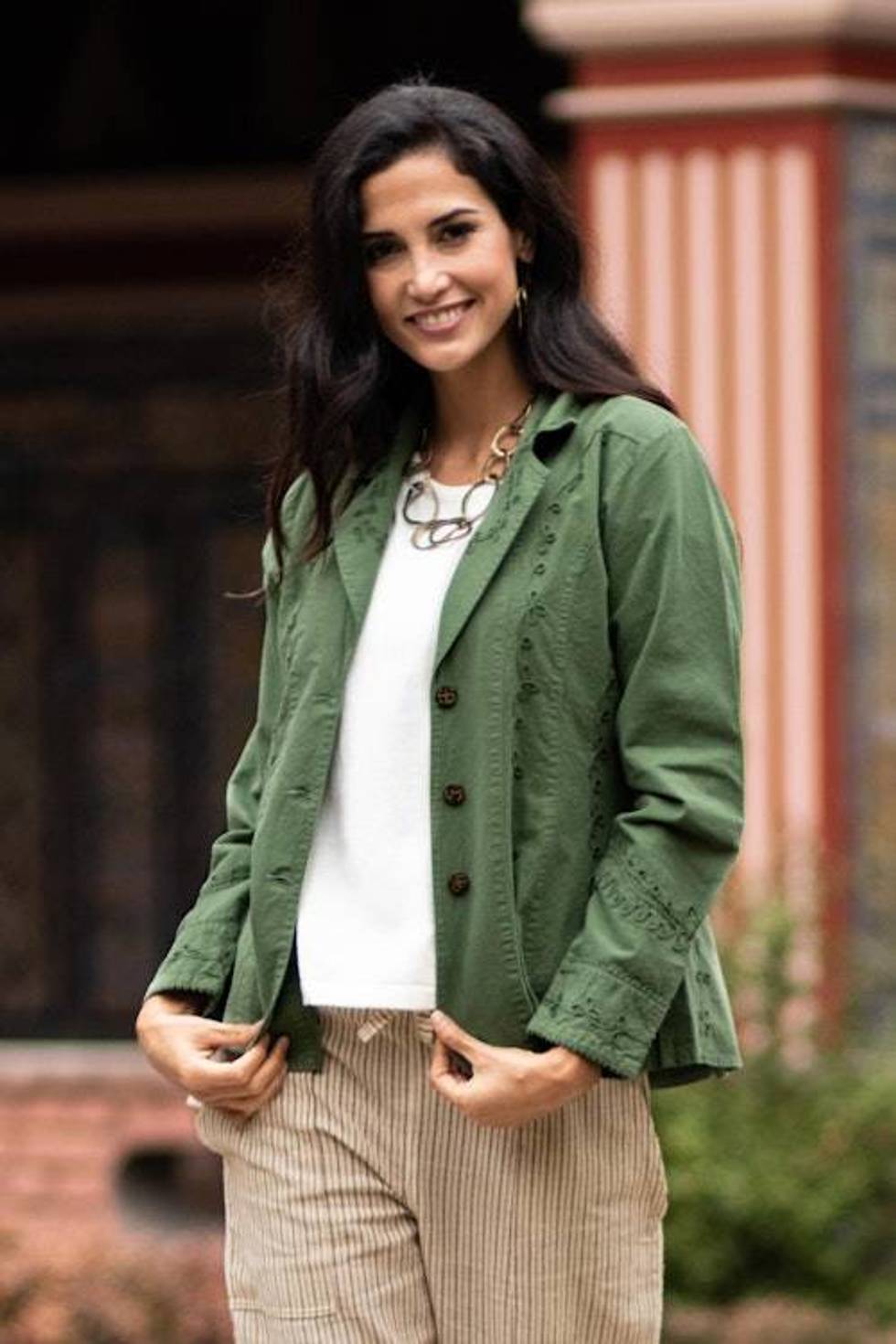 Embroidered Laurel Green Cotton Blazer Jacket from Peru 'Andean Fields'