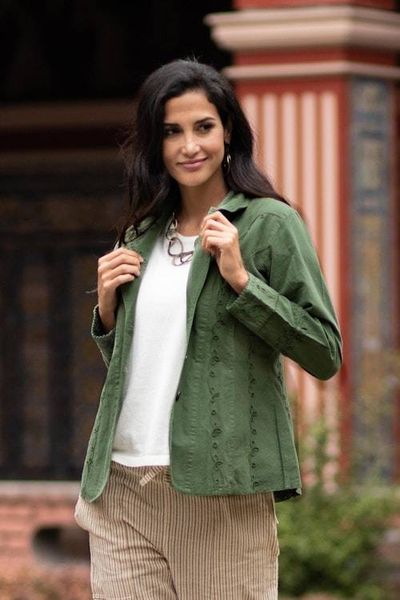Alternate image for Embroidered Laurel Green Cotton Blazer Jacket from Peru Andean Fields