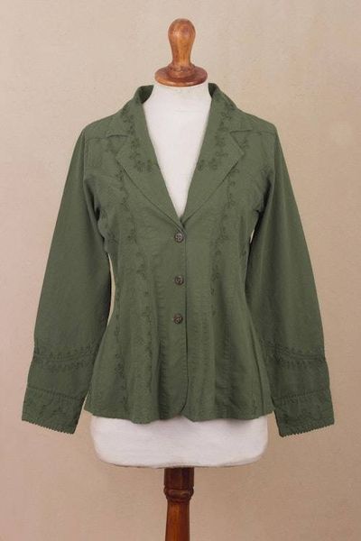 Alternate image for Embroidered Laurel Green Cotton Blazer Jacket from Peru Andean Fields