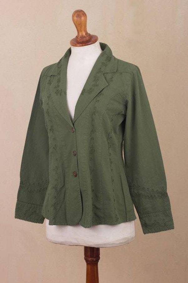 Alternate image for Embroidered Laurel Green Cotton Blazer Jacket from Peru Andean Fields