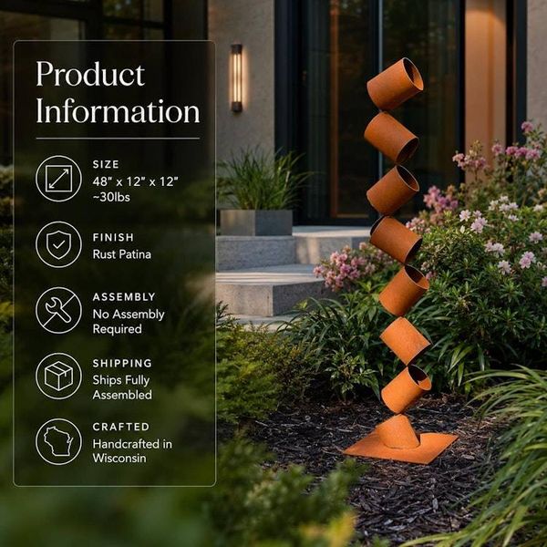 Alternate image for 48 Rusted Steel Garden Sculpture | Modern Metal Yard Art | Abstract Outdoor Sculpture | Freestanding Landscape Accent