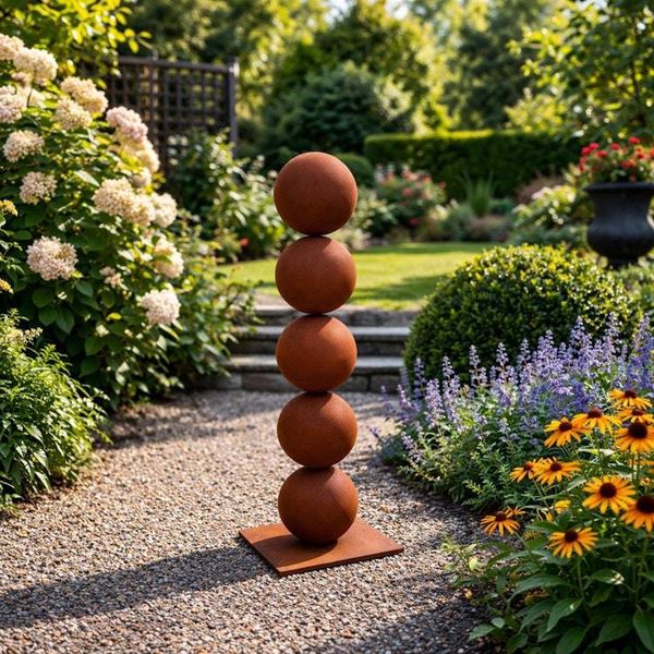 Alternate image for 30 Rusted Steel Sphere Garden Sculpture | Modern Outdoor Garden Art | Minimalist Yard Sculpture | Freestanding Metal Sculpture