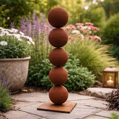 Alternate image for 30 Rusted Steel Sphere Garden Sculpture | Modern Outdoor Garden Art | Minimalist Yard Sculpture | Freestanding Metal Sculpture
