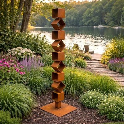 Primary image for 46 Modern Rusted Steel Garden Sculpture | Geometric Outdoor Yard Art | Contemporary Landscape Decor
