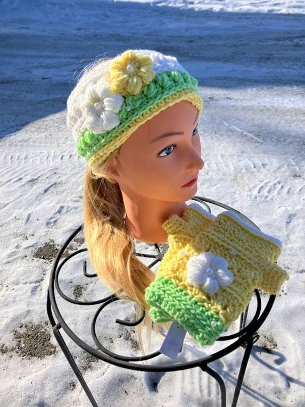 Alternate image for Woman’s Ear Warmer & Fingerless Gloves Set Green Yellow and White