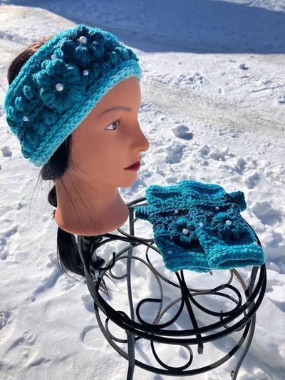 Primary image for Woman’s Ear Warmer Headband & Fingerless Gloves Set Turquoise and Teal