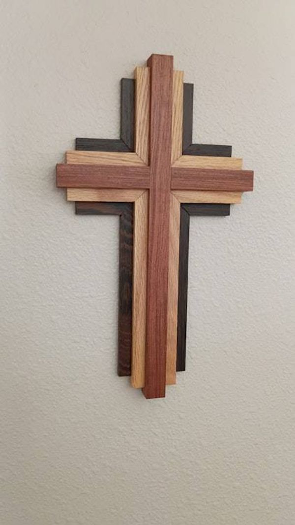 Alternate image for Handcrafted Modern Wooden Cross Wall Art | 12 Tall x 7 Wide | Layered Bubinga, Oak & Wenge | Christian Home Decor
