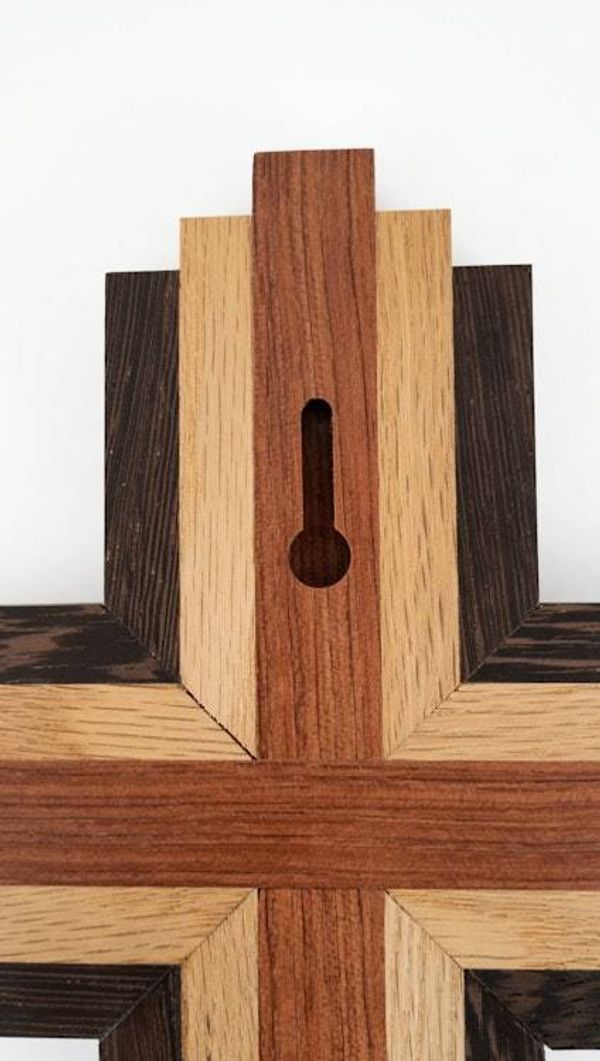 Alternate image for Handcrafted Modern Wooden Cross Wall Art | 12 Tall x 7 Wide | Layered Bubinga, Oak & Wenge | Christian Home Decor