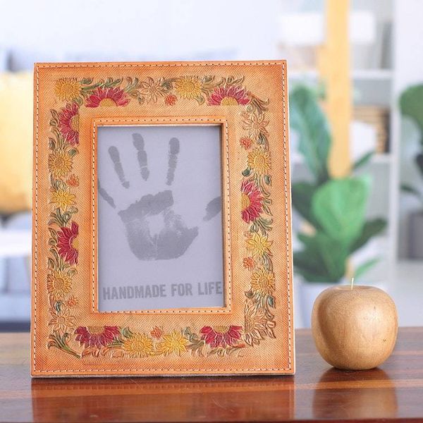 Alternate image for Embossed Floral Crimson and Orange Leather Photo Frame 4x6 Floral Memory