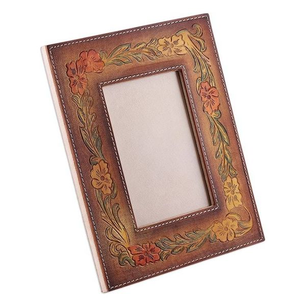 Alternate image for Autumn-Themed Amber and Vermilion Leather Photo Frame 4x6 Autumn Ecstasy