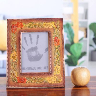 Alternate image for Autumn-Themed Amber and Vermilion Leather Photo Frame 4x6 Autumn Ecstasy