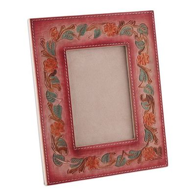 Alternate image for Floral and Leafy Embossed Leather Photo Frame in Warm Hues Blossoming Warmth