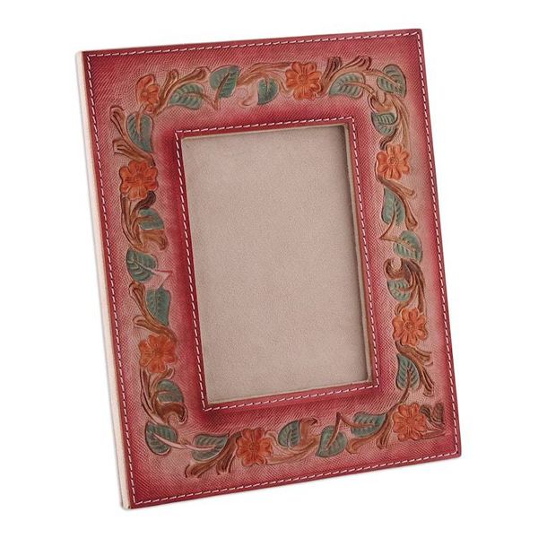 Alternate image for Floral and Leafy Embossed Leather Photo Frame in Warm Hues Blossoming Warmth