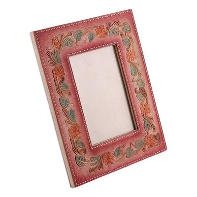 Alternate image for Floral and Leafy Embossed Leather Photo Frame in Warm Hues Blossoming Warmth