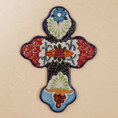 Alternate image for Hand-Painted Floral Talavera Ceramic Wall Cross from Mexico Faithful Bouquet