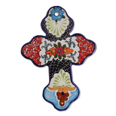 Alternate image for Hand-Painted Floral Talavera Ceramic Wall Cross from Mexico Faithful Bouquet