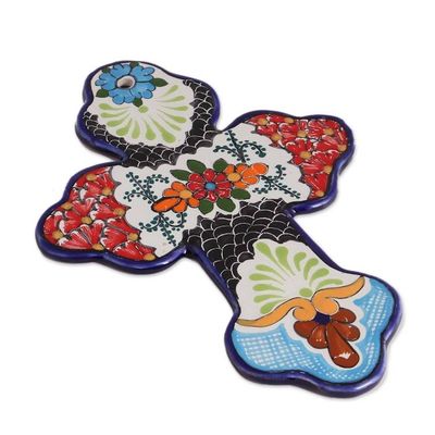 Alternate image for Hand-Painted Floral Talavera Ceramic Wall Cross from Mexico Faithful Bouquet
