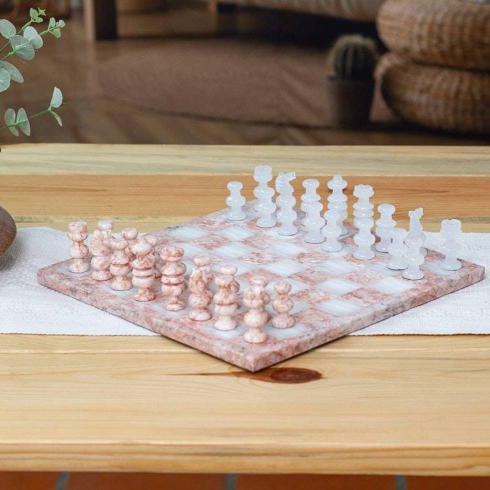 Modern Hand-Carved White Onyx and Pink Marble Chess Set 'Riveting Challenge'