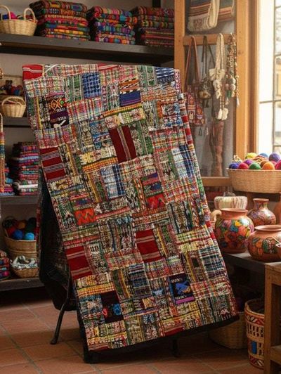 Alternate image for Handmade Queen-size Rose and Mixed Pastels Guatemalan Patchwork Quilt Set