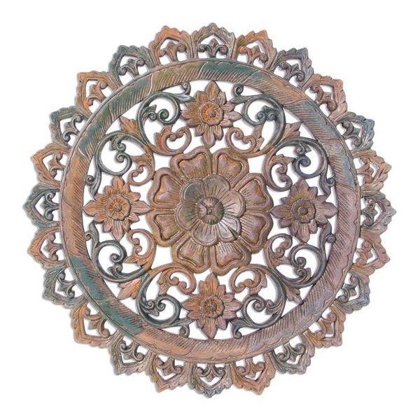 Alternate image for Round Floral Teak Wood Relief Panel from Thailand In the Garden