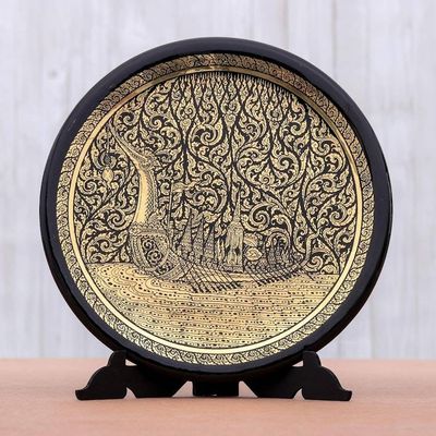 Alternate image for Handcrafted Thai Lacquered Wood Royal Barge Plate Royal Barge Procession
