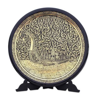 Alternate image for Handcrafted Thai Lacquered Wood Royal Barge Plate Royal Barge Procession