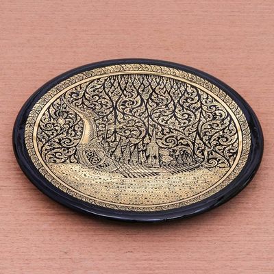 Alternate image for Handcrafted Thai Lacquered Wood Royal Barge Plate Royal Barge Procession