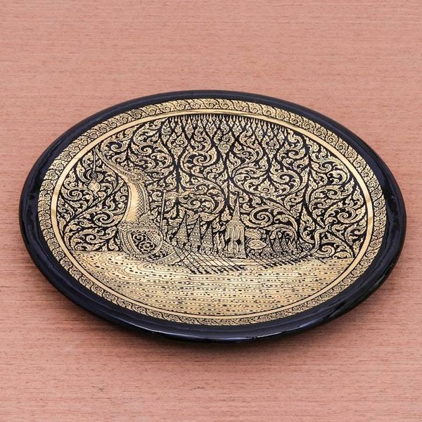 Alternate image for Handcrafted Thai Lacquered Wood Royal Barge Plate Royal Barge Procession