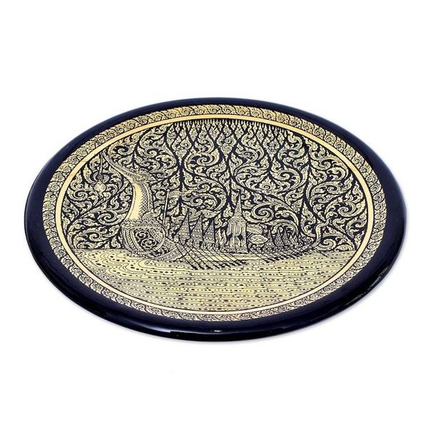 Alternate image for Handcrafted Thai Lacquered Wood Royal Barge Plate Royal Barge Procession