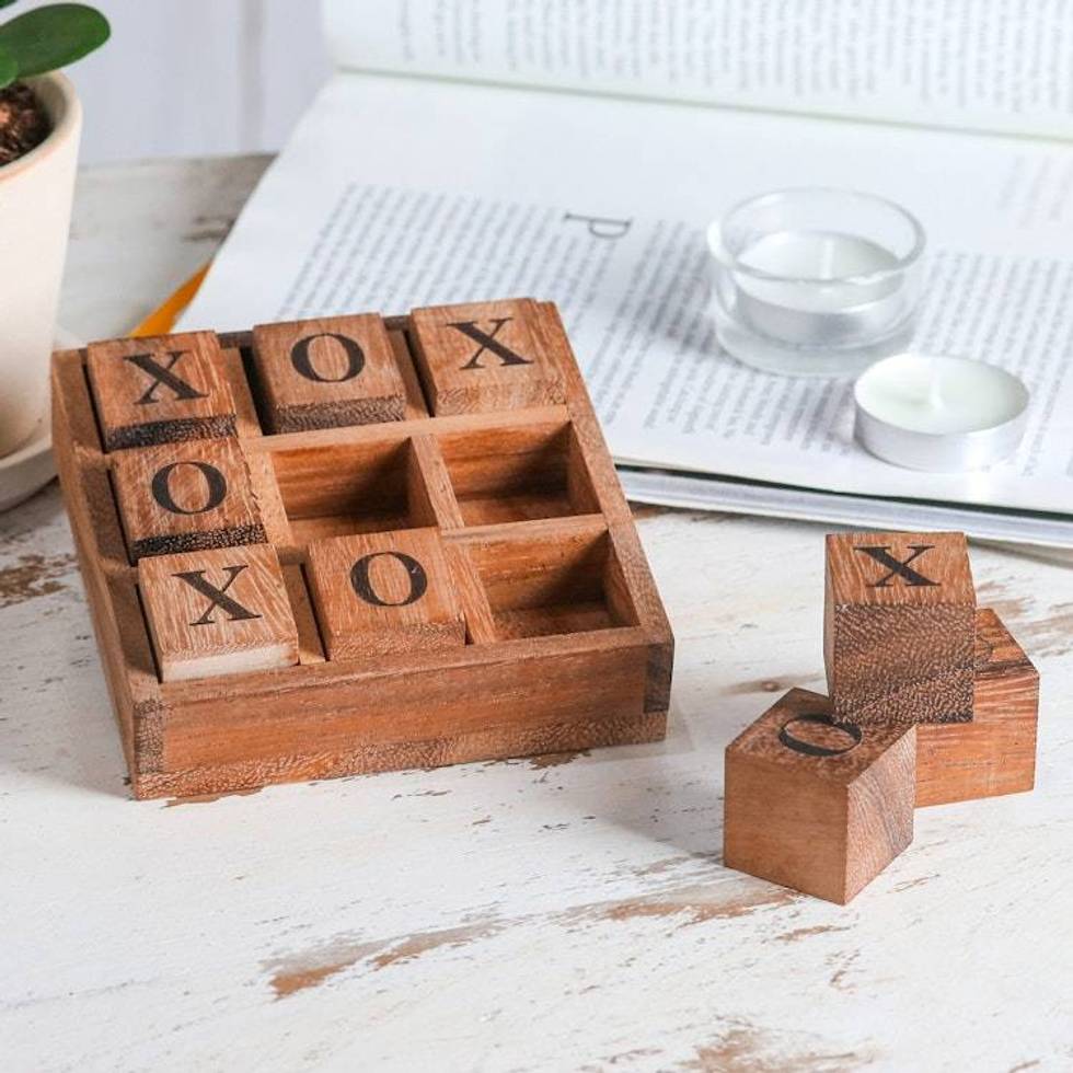 Handcrafted Geometric 9-Piece Raintree Wood Tic-Tac-Toe Game 'Cube Strategy'