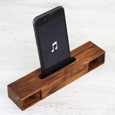 Alternate image for Rectangular Teak Wood Phone Speaker from Thailand Teak Orchestra