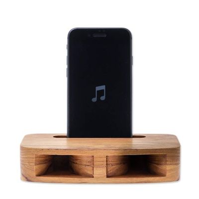 Alternate image for Two-Horn Teak Wood Phone Speaker from Thailand Teak Decibel