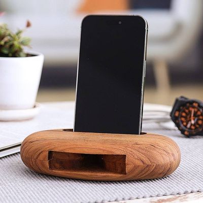 Alternate image for Egg-Shaped Teak Wood Phone Speaker from Thailand Rock Out