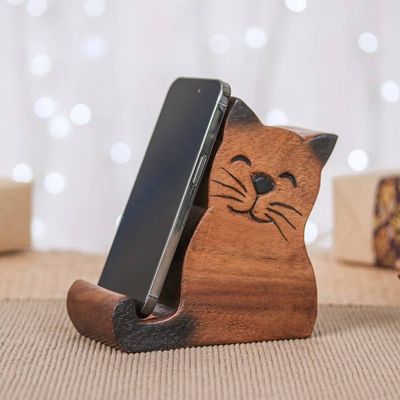 Primary image for Cat-Themed Hand-Carved Raintree Wood Phone Holder Feline Support