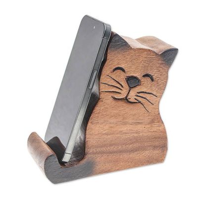 Alternate image for Cat-Themed Hand-Carved Raintree Wood Phone Holder Feline Support