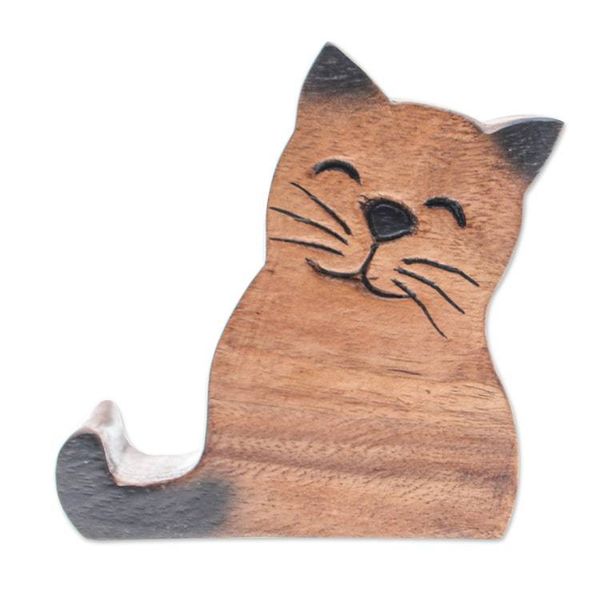 Alternate image for Cat-Themed Hand-Carved Raintree Wood Phone Holder Feline Support