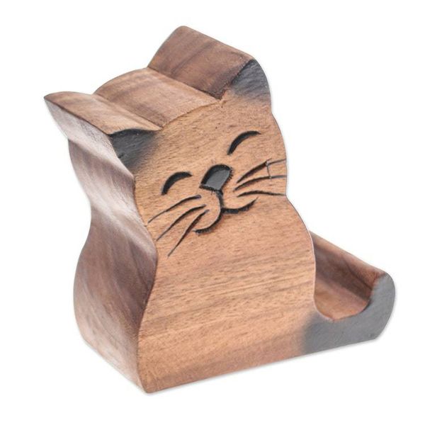 Alternate image for Cat-Themed Hand-Carved Raintree Wood Phone Holder Feline Support