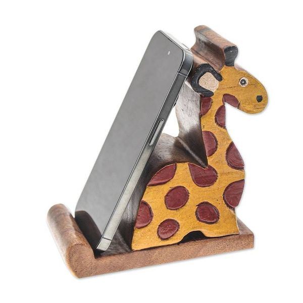 Alternate image for Giraffe-Themed Hand-Carved Raintree Wood Phone Holder Safari Support