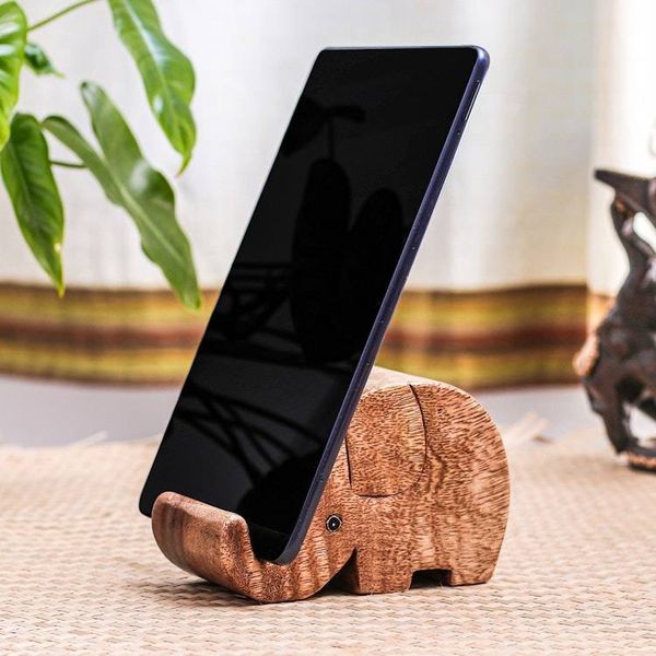 Alternate image for Hand-Carved Elephant-Themed Raintree Wood Phone Holder Helpful Trunk