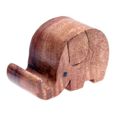 Alternate image for Hand-Carved Elephant-Themed Raintree Wood Phone Holder Helpful Trunk