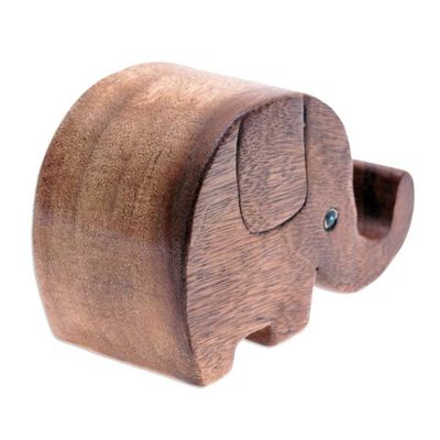 Alternate image for Hand-Carved Elephant-Themed Raintree Wood Phone Holder Helpful Trunk